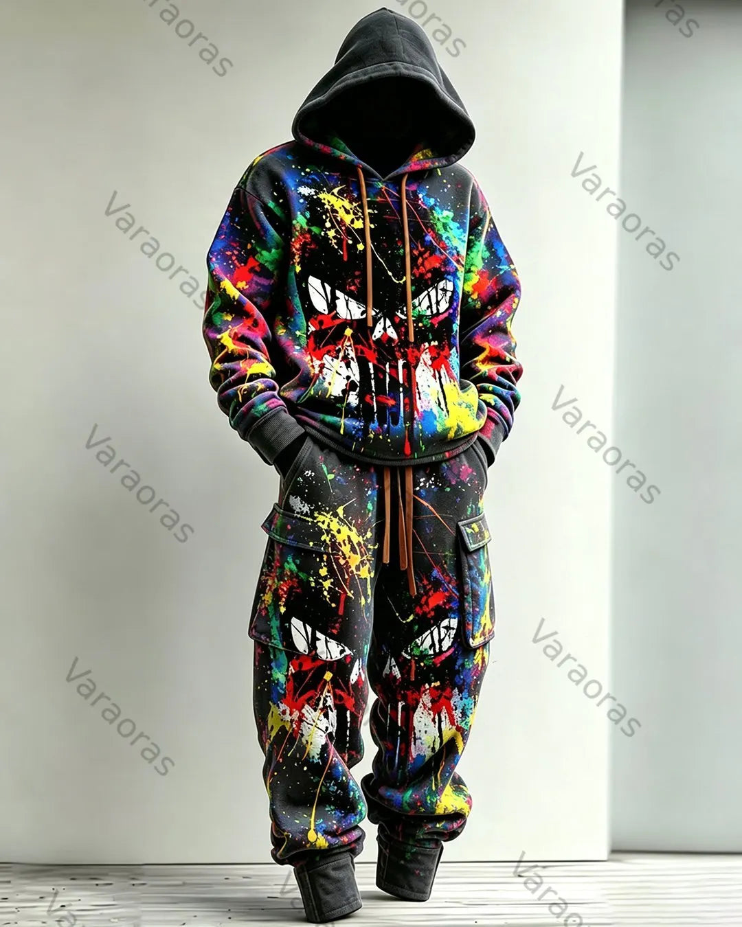 Men's Fashion Colorful Graffiti Skull Embroidered Hoodie & Pants Two-Piece Set 3517