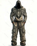 Men's Color-Blocked Cultural Cross Embroidered Distressed Hoodie and Pants Two-Piece Set 7957