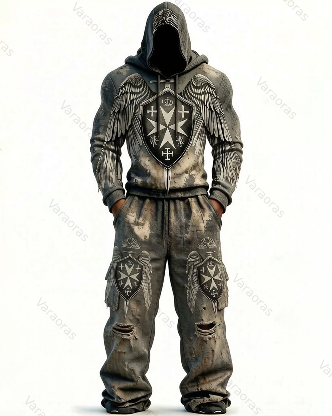 Men's Color-Blocked Cultural Cross Embroidered Distressed Hoodie and Pants Two-Piece Set 7957