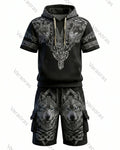 Men's Viking Contrast Color Wolf Embroidered Short-Sleeve Hoodie & Shorts Two-Piece Set 6839