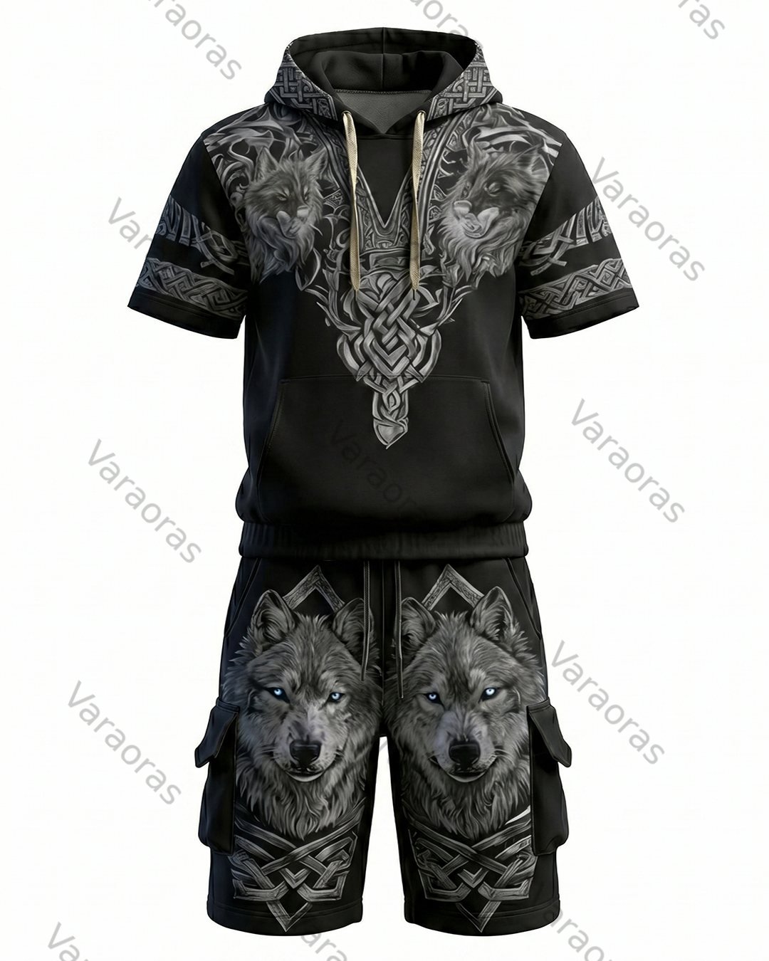 Men's Viking Contrast Color Wolf Embroidered Short-Sleeve Hoodie & Shorts Two-Piece Set 6839