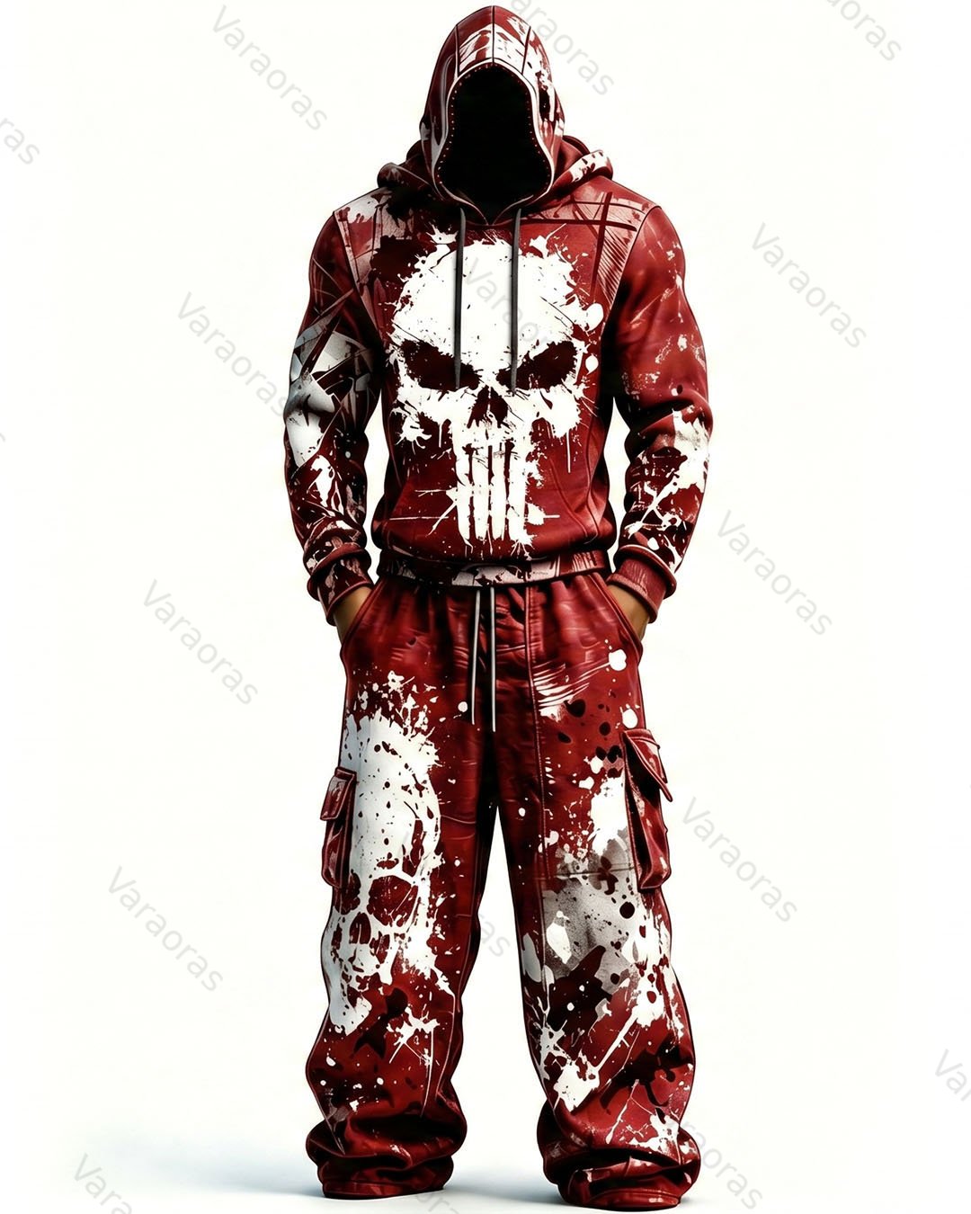Men's Fashion Skull Contrast Color Embroidered Hoodie & Pants Two-Piece Set 7458