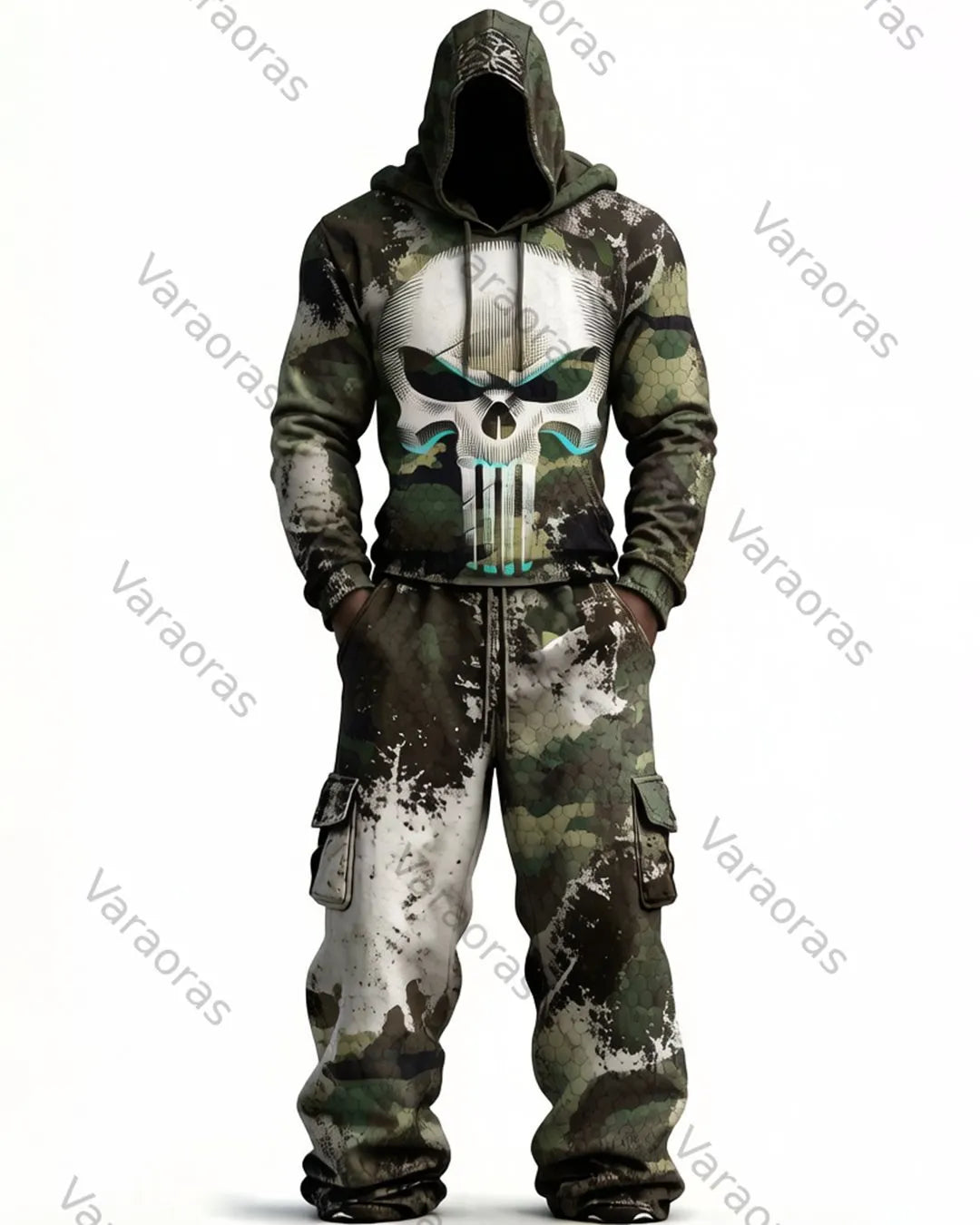 Men's Fashion Skull Contrast Color Embroidered Hoodie & Pants Two-Piece Set 6190