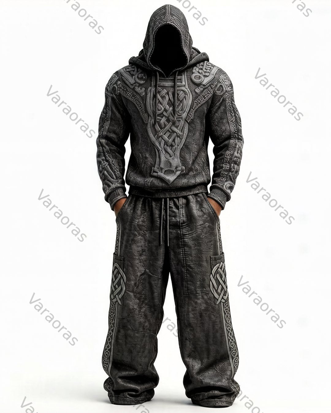 Men's Viking-Style Color-Blocked Knot Embroidered Hoodie and Pants Set 3486