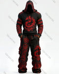 Men's Fashion Contrast Colo Red Dragonr Embroidered Hoodie & Pants Two-Piece Set 6612