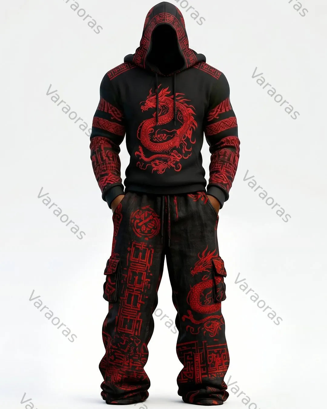 Men's Fashion Contrast Colo Red Dragonr Embroidered Hoodie & Pants Two-Piece Set 6612