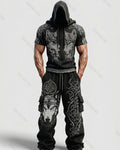 Men's Fashion Viking Contrast Color Embroidered Hoodie & Pants Two-Piece Set 7265