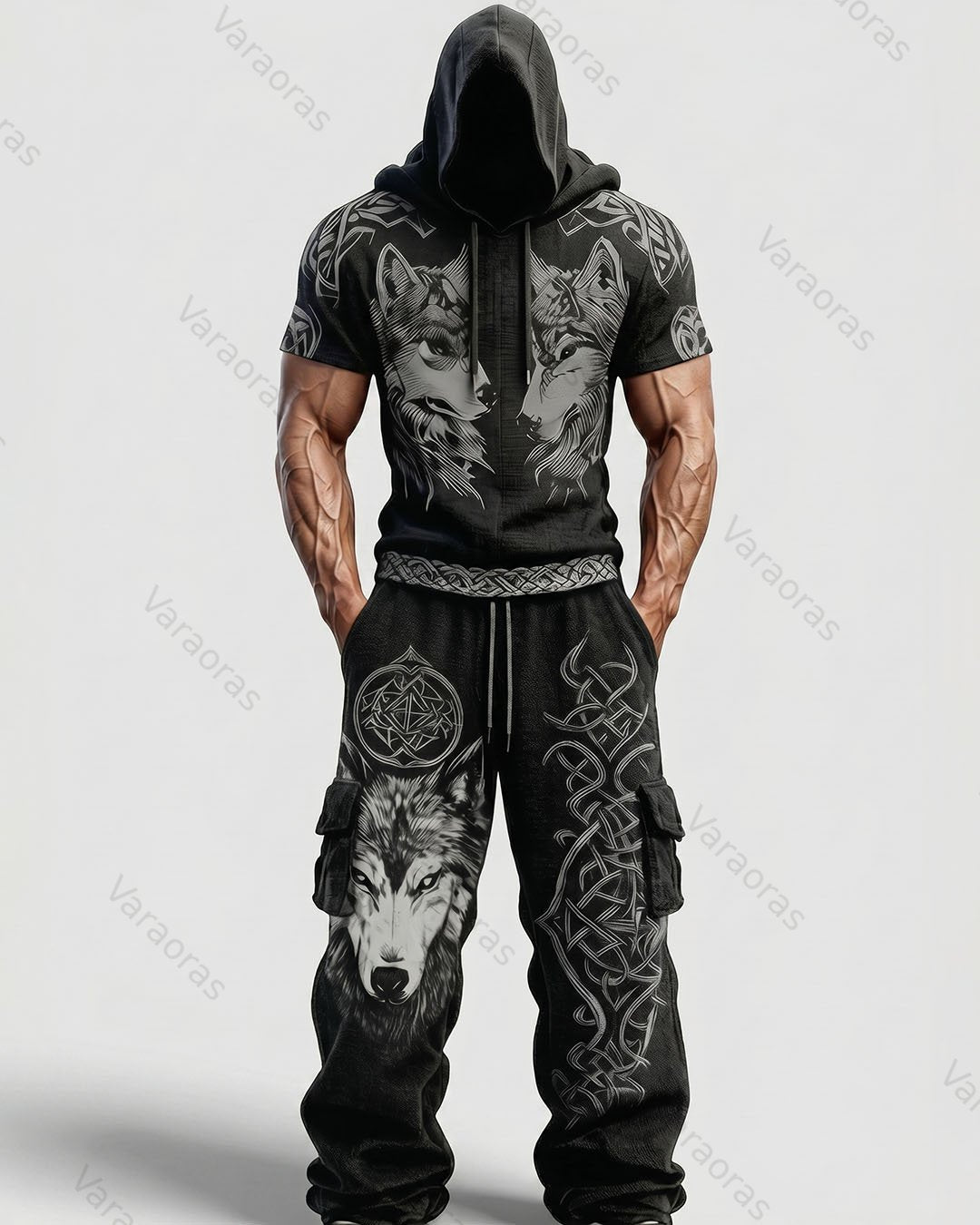 Men's Fashion Viking Contrast Color Embroidered Hoodie & Pants Two-Piece Set 7265
