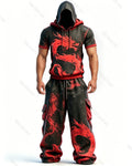 Men's Fashion Contrast Colo Red Dragonr Embroidered Hoodie & Pants Two-Piece Set 3953