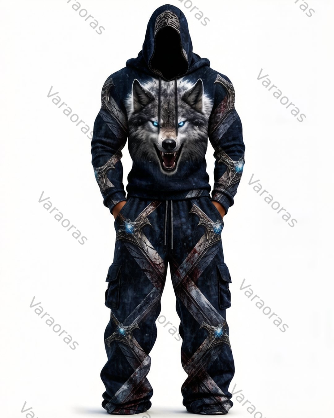 Men's Fashion Viking Contrast Color Embroidered Hoodie & Pants Two-Piece Set 1120