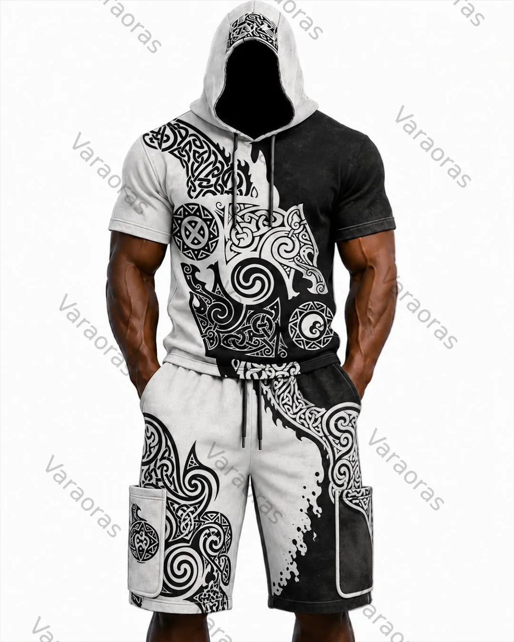 Men's Viking Color-Block Embroidered Hooded Short-Sleeved Top and Shorts Set 8937