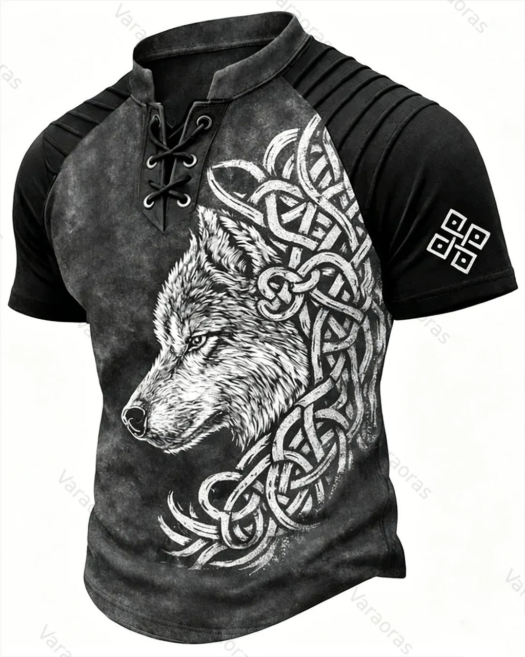 Men's Viking Wolf Symbol Print Short-Sleeve Henley T-Shirt 3246