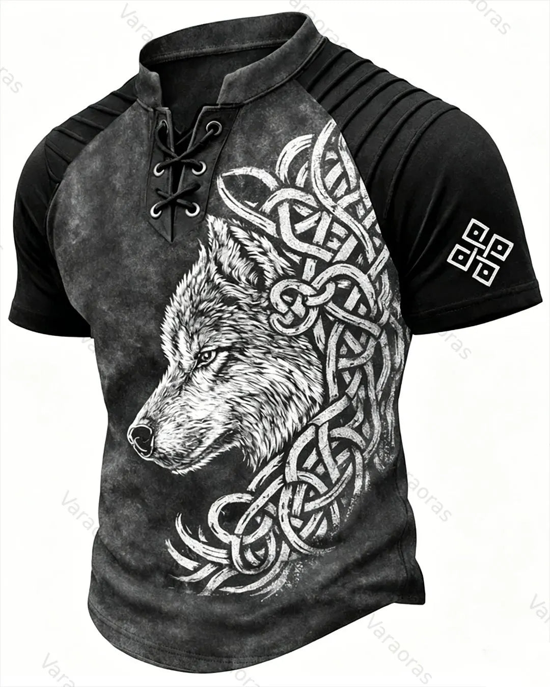 Men's Viking Wolf Symbol Print Short-Sleeve Henley T-Shirt 3246