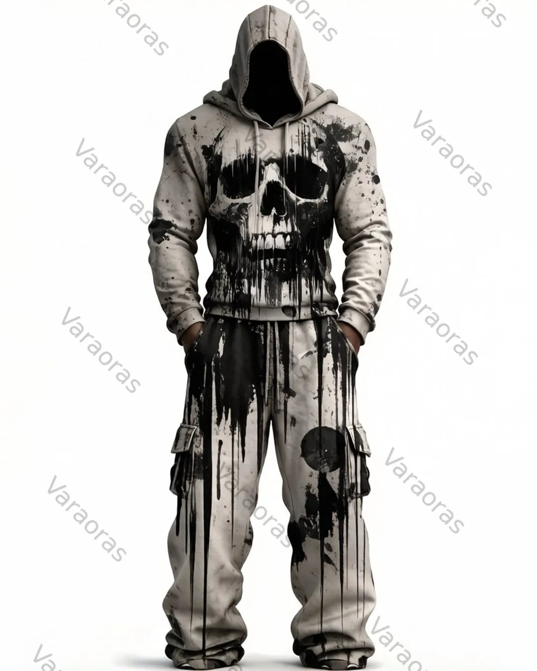 Men's Color-Block Skull-Embroidered Hoodie & Pants Two-Piece Set 4841