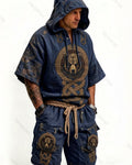 Men's Summer Viking-Style Color-Block Embroidered Short-Sleeve Hooded Top and Shorts Two-Piece Set 9945