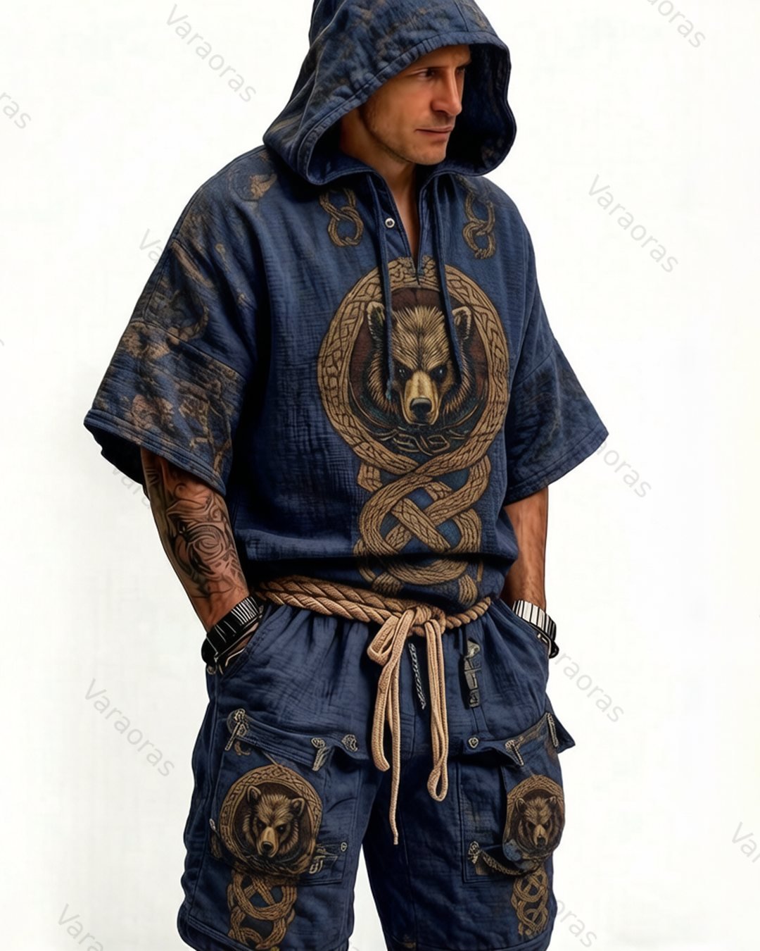 Men's Summer Viking-Style Color-Block Embroidered Short-Sleeve Hooded Top and Shorts Two-Piece Set 9945