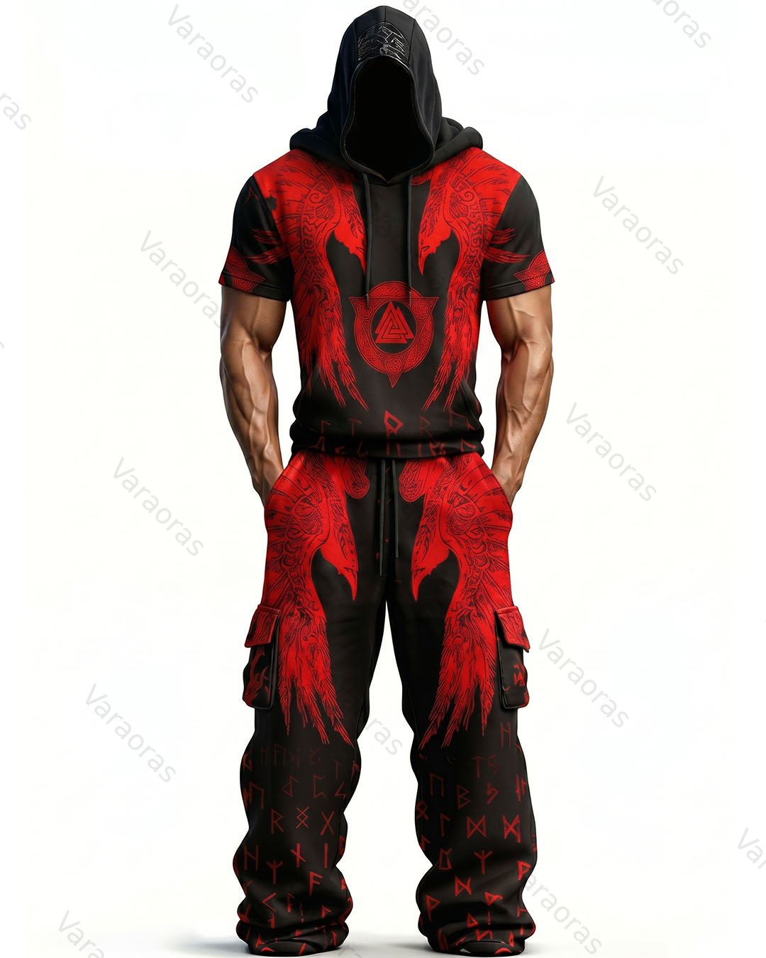 Men's Fashion Viking Contrast Color Embroidered Hoodie & Pants Two-Piece Set 3135