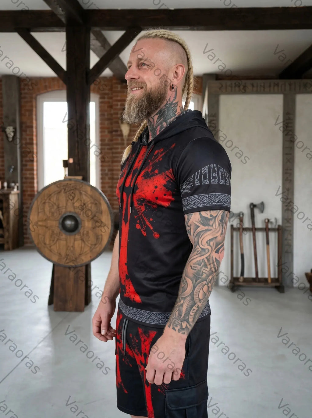 Men's Viking Contrast Color Cross Embroidered Short-Sleeve Hoodie & Shorts Two-Piece Set 1765