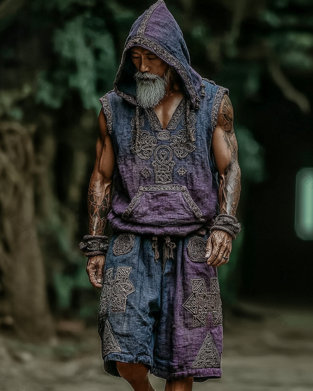 Men's Viking-Style Fashion Gradient Embroidered Hooded Sleeveless Top & Shorts Two-Piece Set 7321