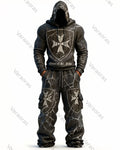 Men's Color-Blocked Cultural Cross Embroidered Distressed Hoodie and Pants Two-Piece Set 8830