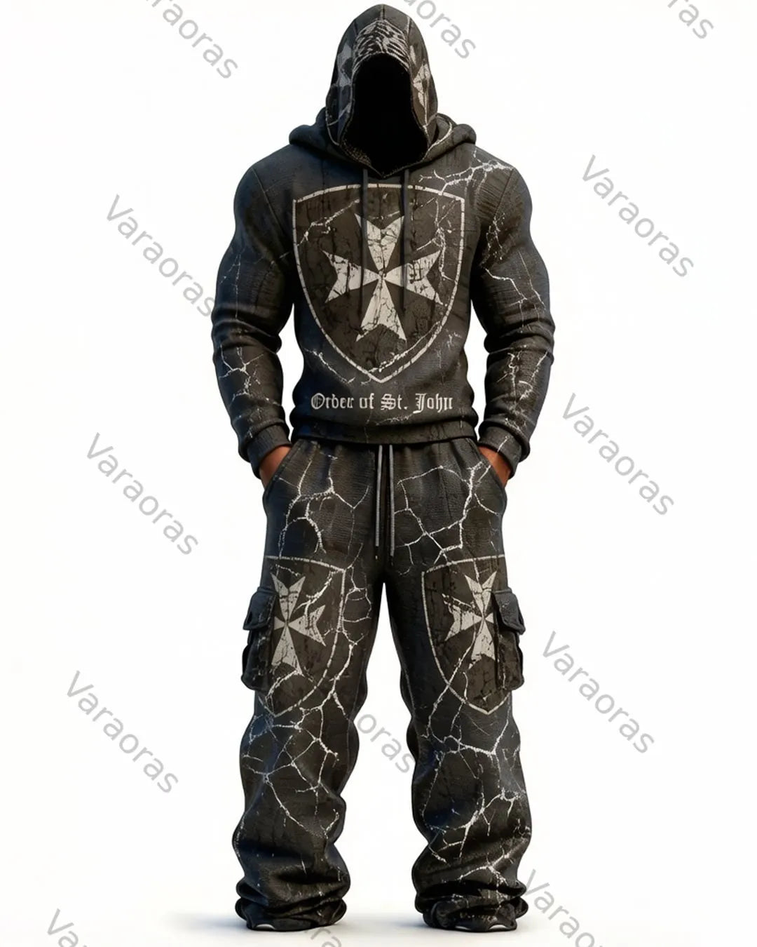 Men's Color-Blocked Cultural Cross Embroidered Distressed Hoodie and Pants Two-Piece Set 8830