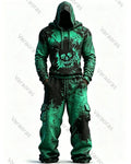Men's Fashion Viking Contrast Color Skull Embroidered Hoodie & Pants Two-Piece Set 6893