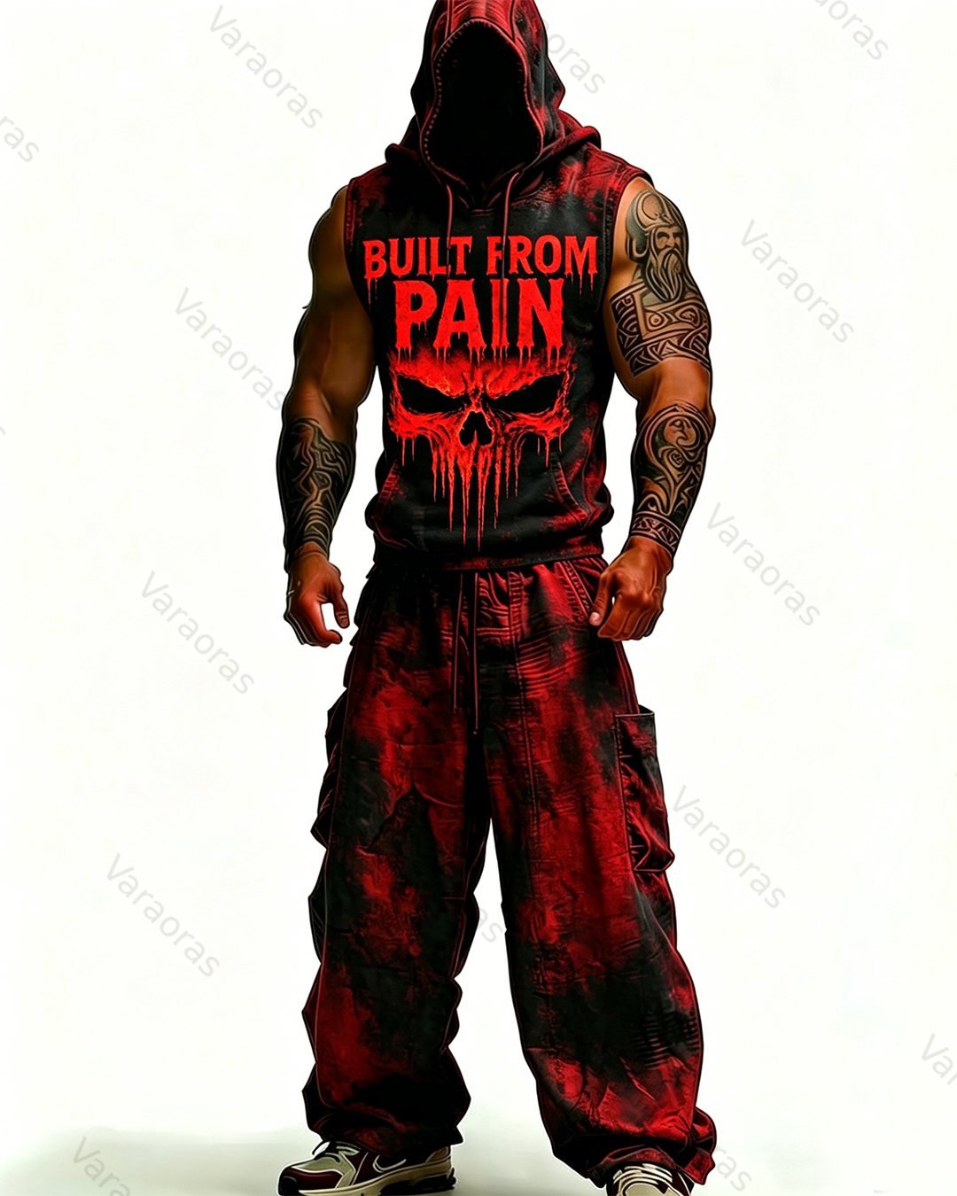 Men's Fashion Skull Embroidered Hooded Sleeveless Top and Pants Two-Piece Set 5981