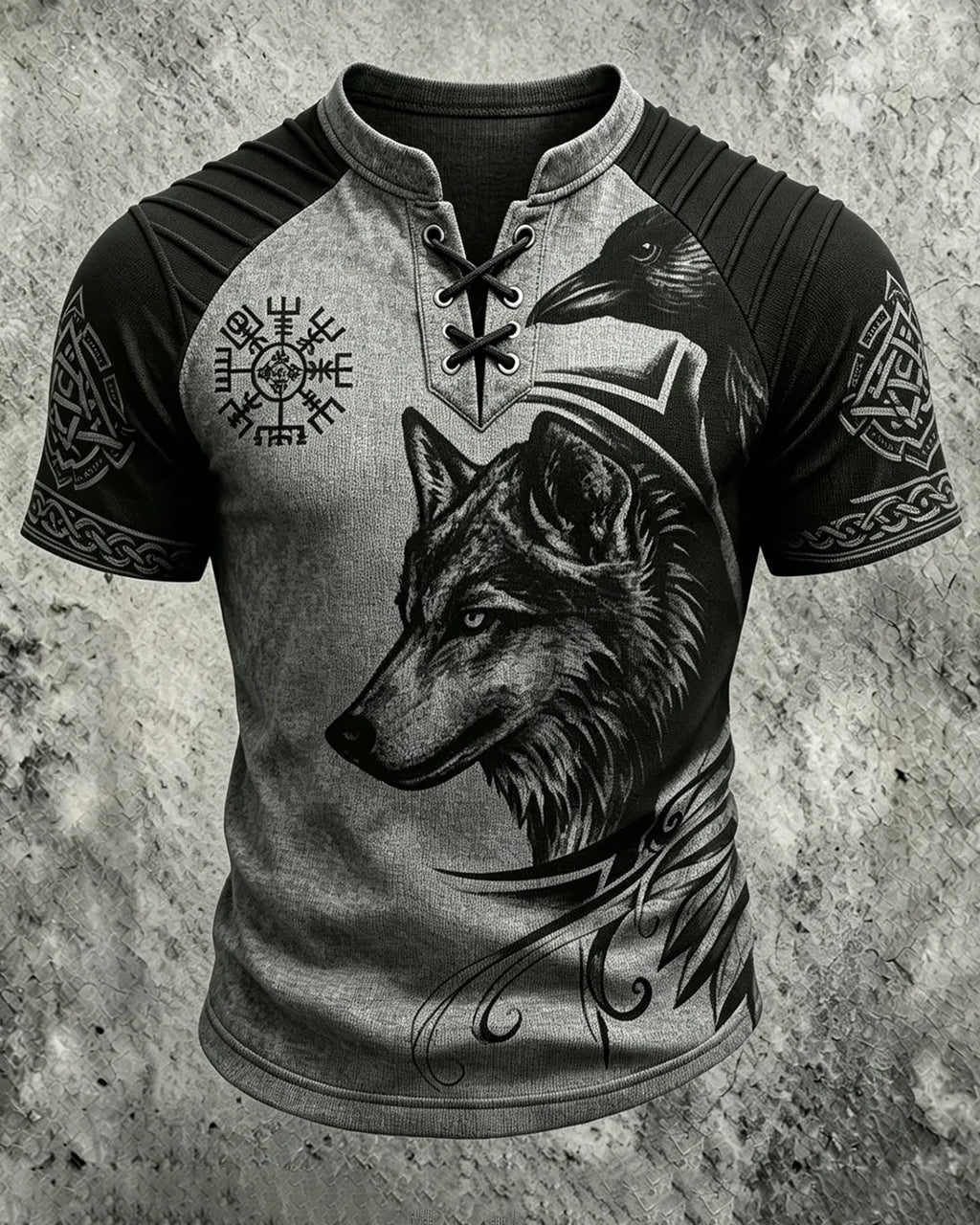 Men's Viking Wolf and Raven Print Short-Sleeve Henley T-Shirt 6456