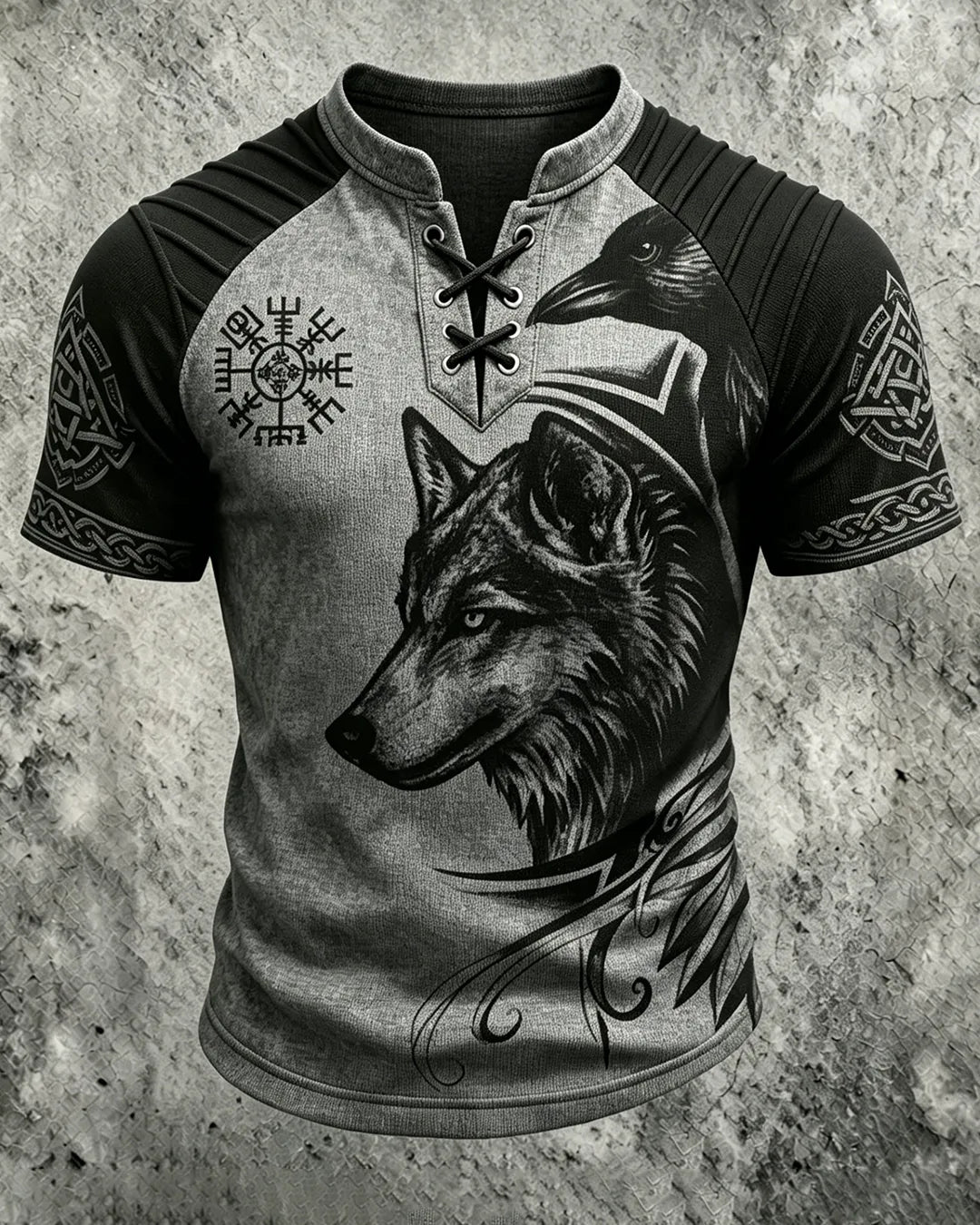 Men's Viking Wolf and Raven Print Short-Sleeve Henley T-Shirt 6456