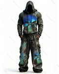 Men's Fashion Skull Contrast Color Embroidered Hoodie & Pants Two-Piece Set 4037