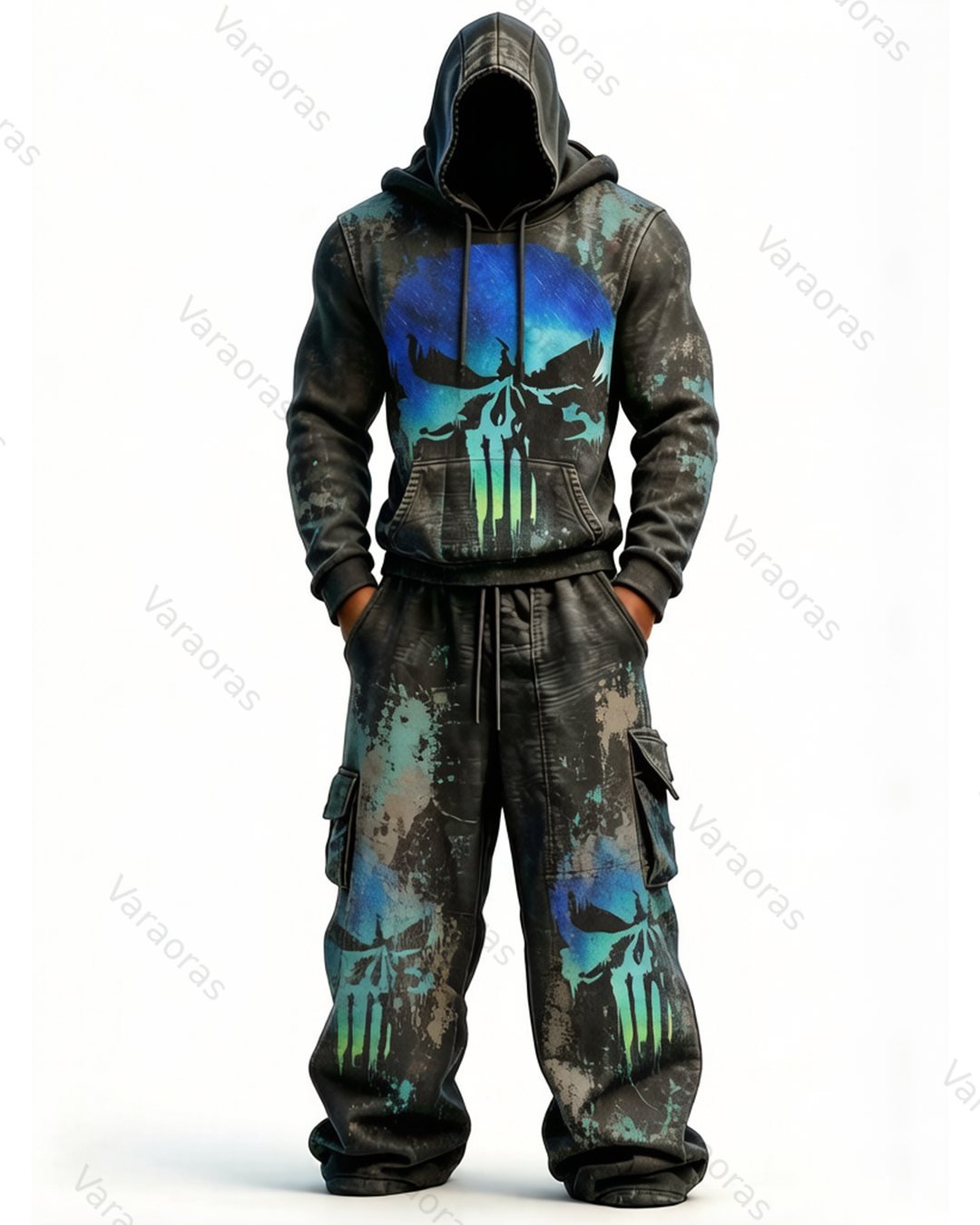 Men's Fashion Skull Contrast Color Embroidered Hoodie & Pants Two-Piece Set 4037