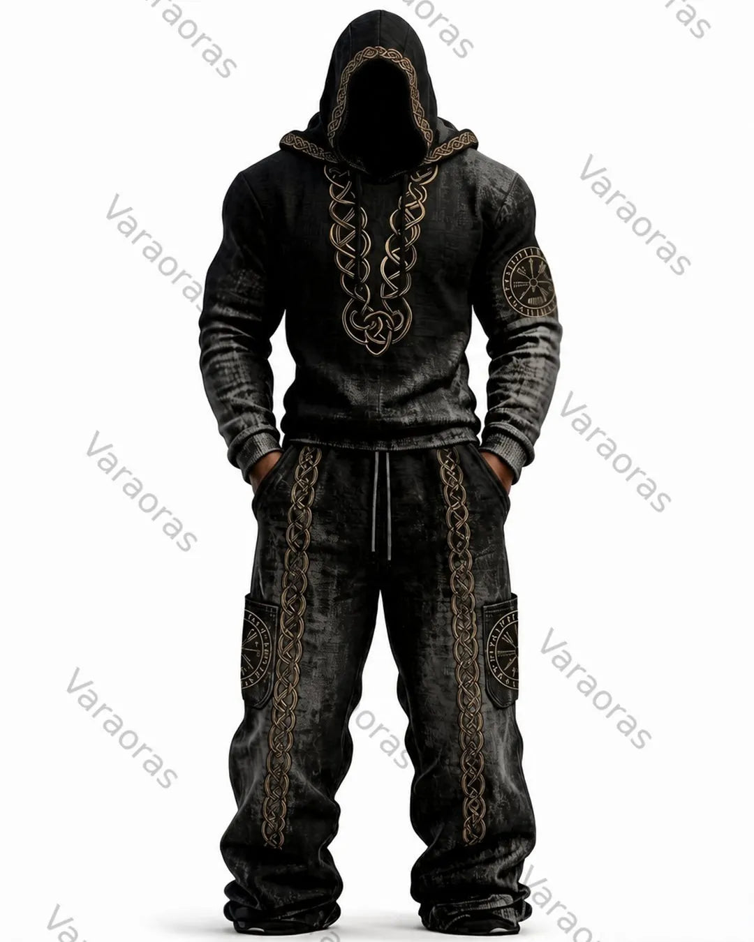 Men's Viking-Style Color-Blocked Knot Embroidered Hoodie and Pants Set 3216