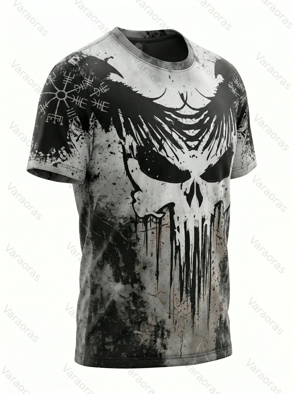 Men's Fashionable Viking Contrast Color Skull and Raven Print T-shirt 4239