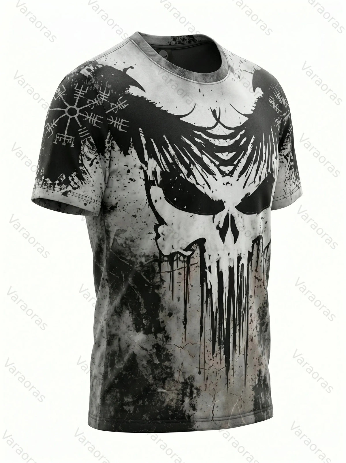 Men's Fashionable Viking Contrast Color Skull and Raven Print T-shirt 4239
