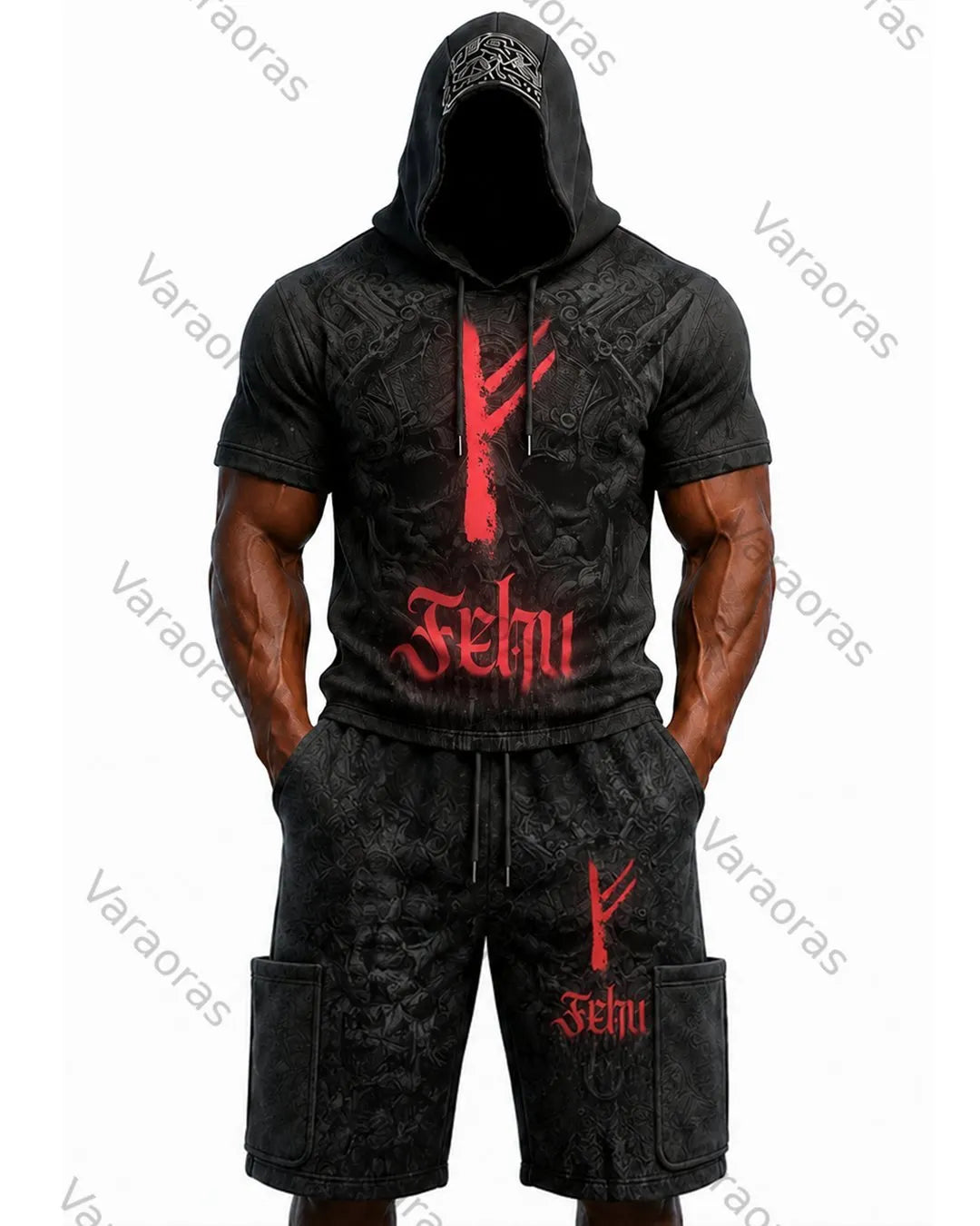Men's Fashion Viking Rune Print Top & Shorts Two-Piece Set 3651