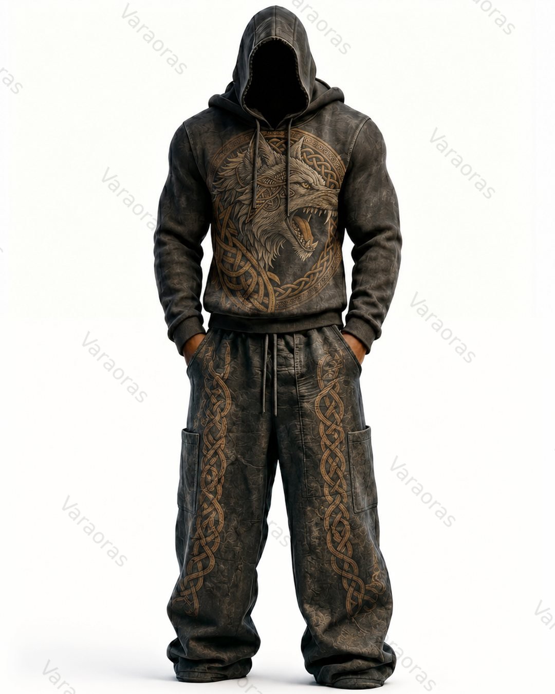 Men's Fashion Contrast Colo Wolf Embroidered Hoodie & Pants Two-Piece Set 7359