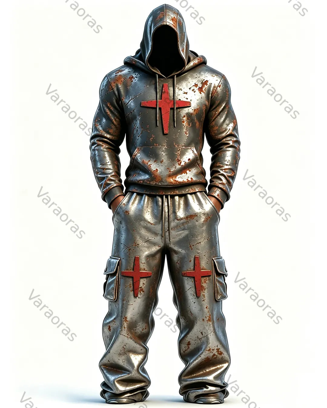Men's Fashion Vintage Distressed Cross Embroidered Hoodie & Pants Two-Piece Set 7066