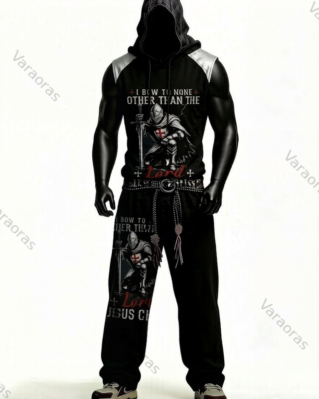 Men's Summer St. George's Day-themed Embroidered Print Sleeveless Hooded Top and Pants Two-Piece Set 8823