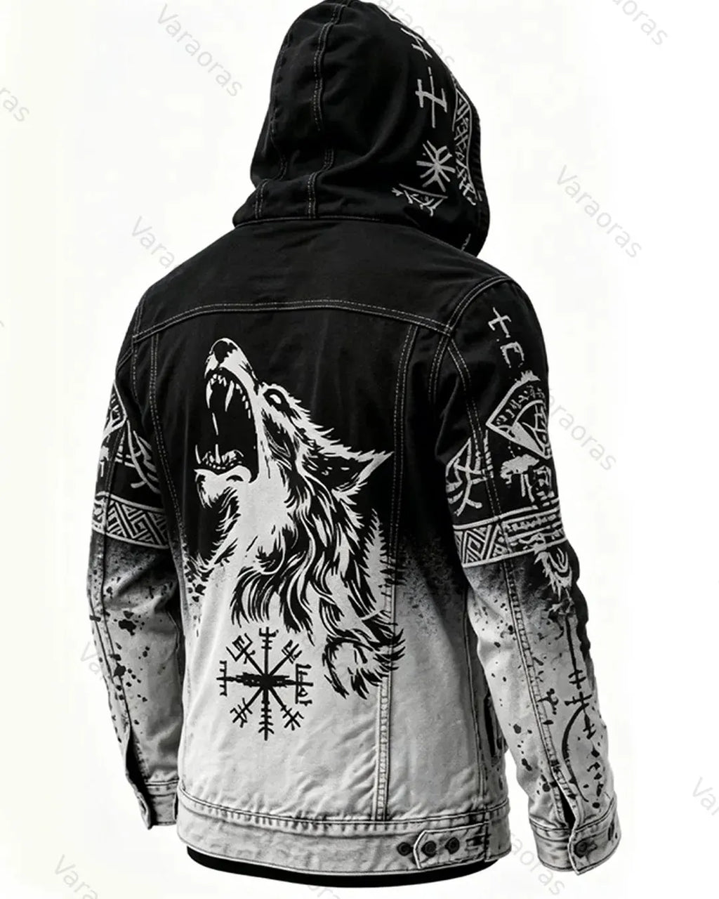 Men's Retro Fashion Viking Wolf Print Cotton Linen Hooded Zip-Up Jacket  6175