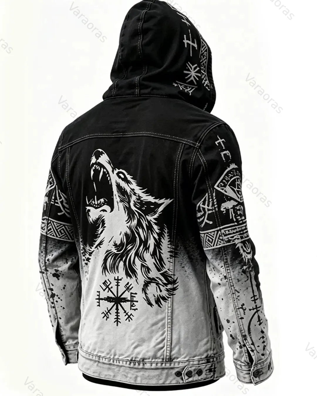 Men's Retro Fashion Viking Wolf Print Cotton Linen Hooded Zip-Up Jacket  6175