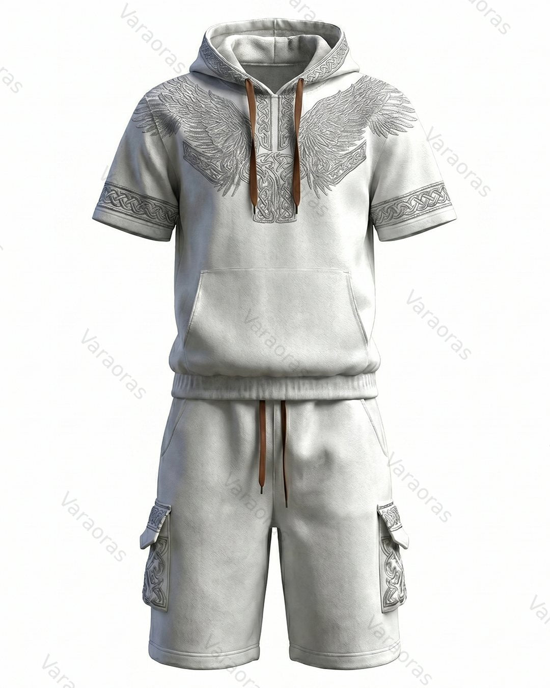 Men's Fashion Viking Embroidered Short-Sleeve Hoodie & Shorts Two-Piece Set 6960