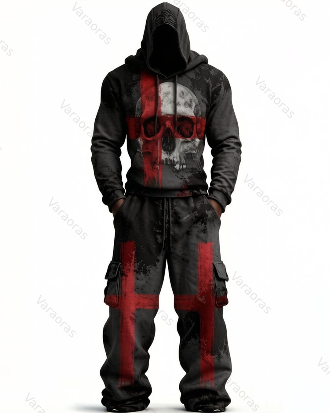 Men's Color-Block Skull-Embroidered Hoodie & Pants Two-Piece Set 9396