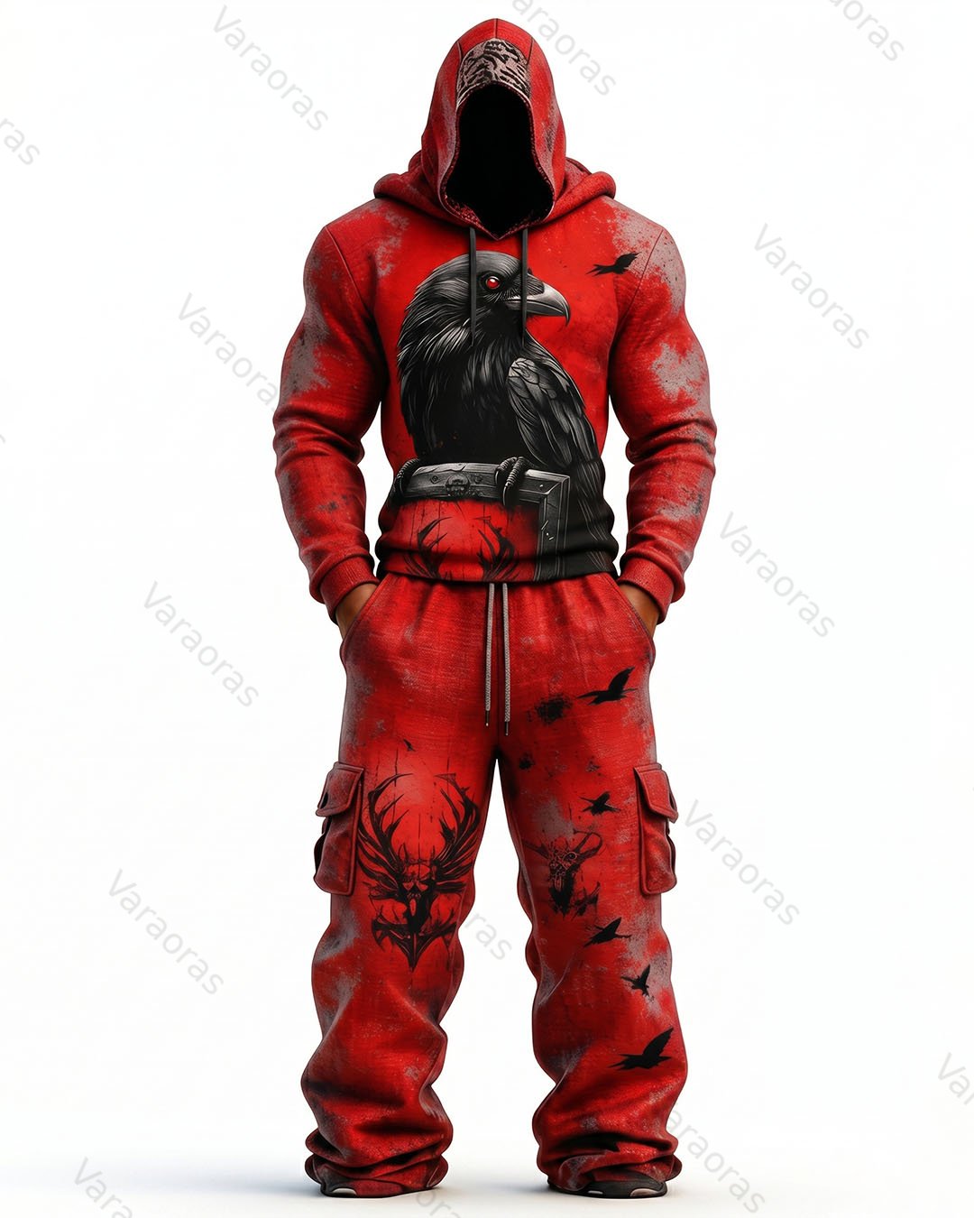 Men's Fashion Viking Contrast Color Embroidered Hoodie & Pants Two-Piece Set 2456