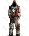 (Short Set) Men's Fashion Skull Contrast Color Embroidered Hoodie & Pants Two-Piece Set 3192