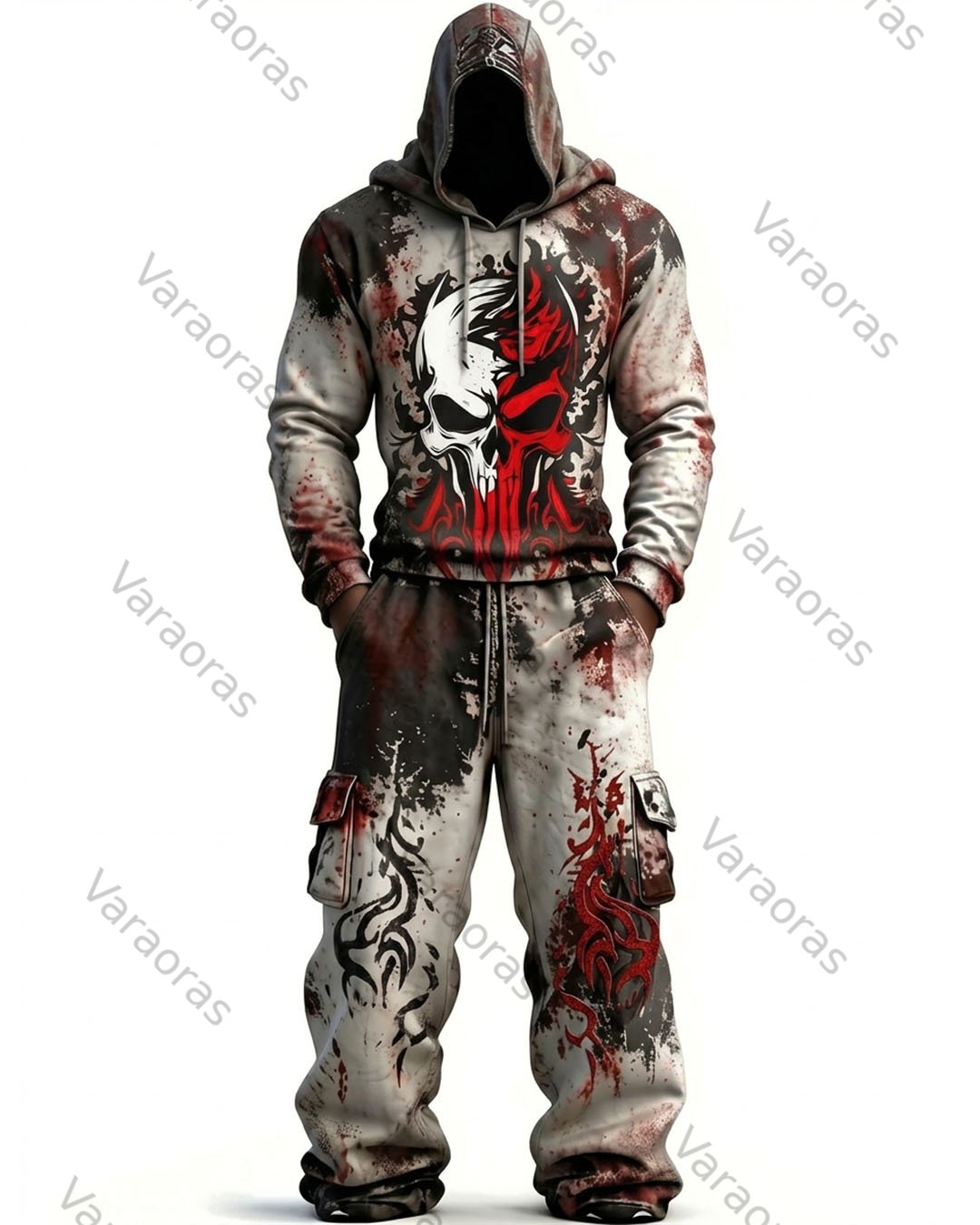 (Short Set) Men's Fashion Skull Contrast Color Embroidered Hoodie & Pants Two-Piece Set 3192