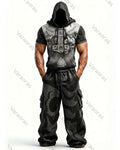 Men's Fashion Viking Contrast Color Embroidered Hoodie & Pants Two-Piece Set 7807