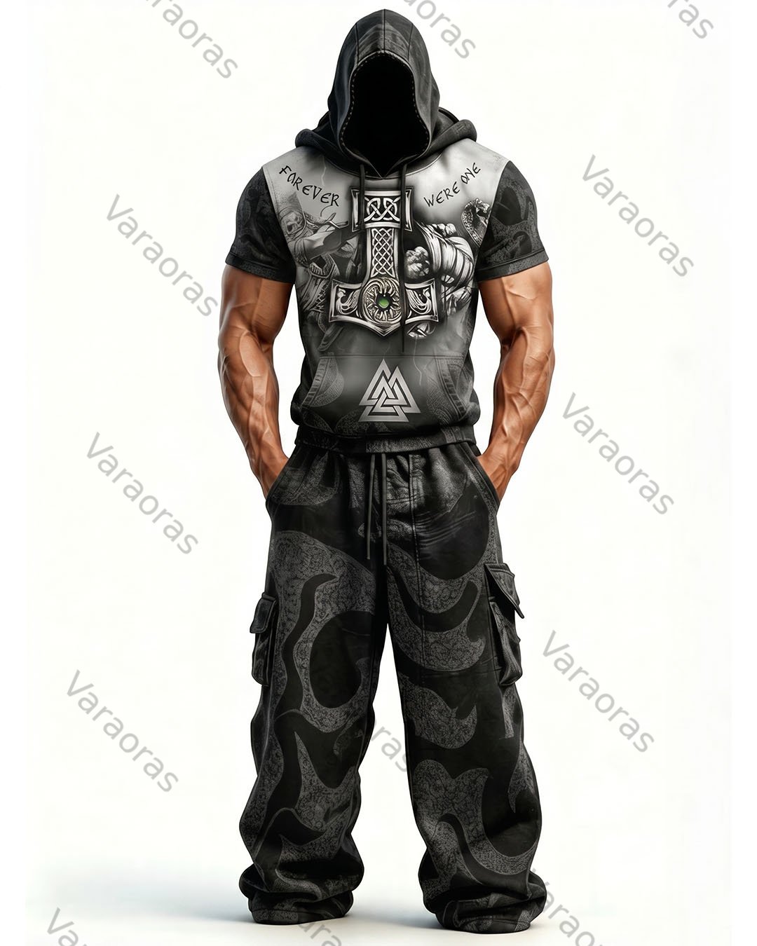 Men's Fashion Viking Contrast Color Embroidered Hoodie & Pants Two-Piece Set 7807