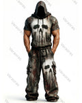 Men's Fashion Skull Contrast Color Embroidered Hoodie & Pants Two-Piece Set 9212