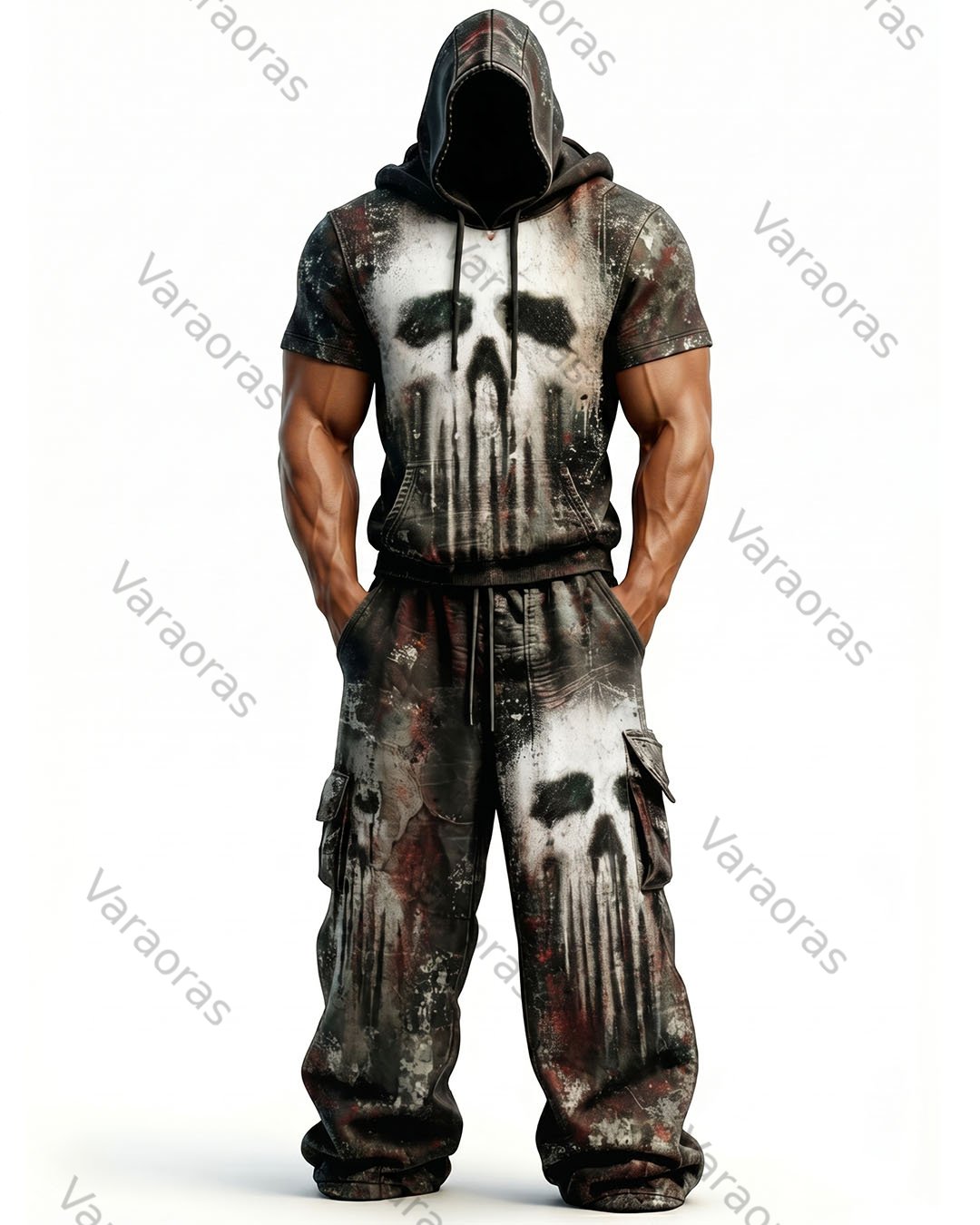Men's Fashion Skull Contrast Color Embroidered Hoodie & Pants Two-Piece Set 9212