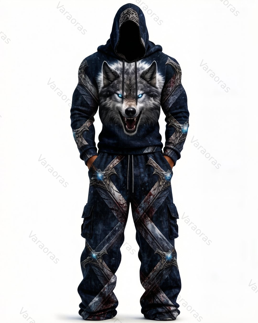 (Short Set) Men's Fashion Viking Contrast Color Embroidered Hoodie & Pants Two-Piece Set 1120